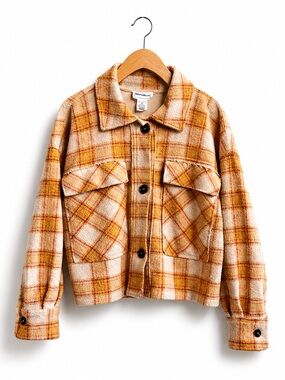For The Republic Plaid Cropped Shacket Wool Look Elbow Patch Overshirt S